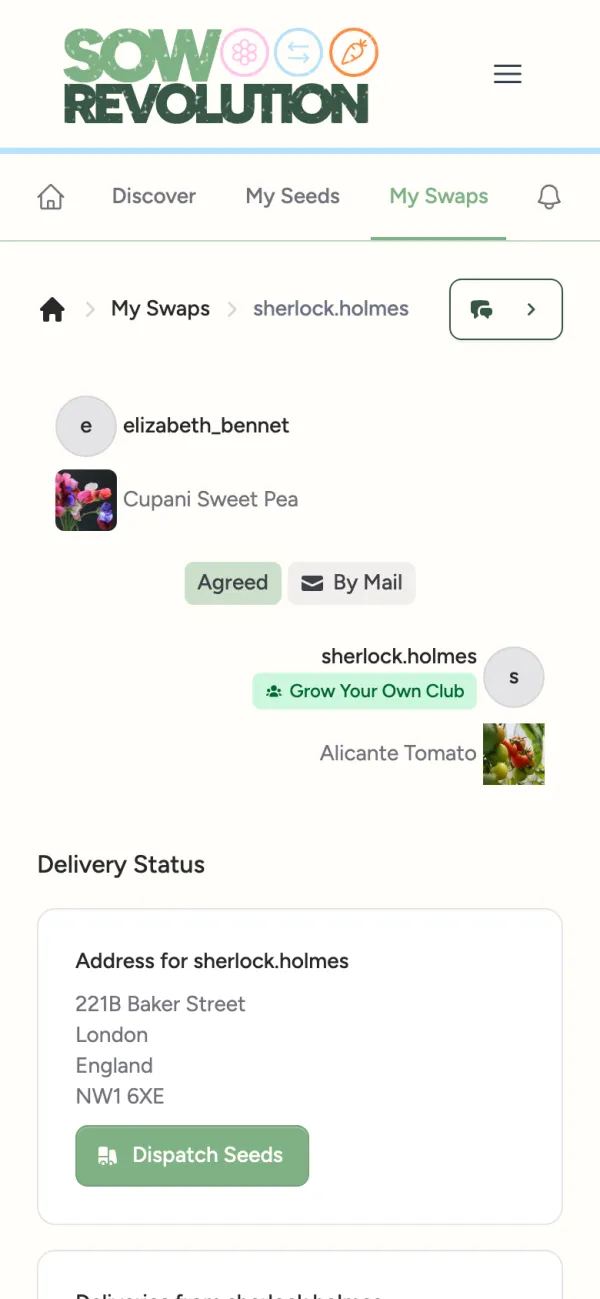 The other grower's address and the Dispatch Seeds button
