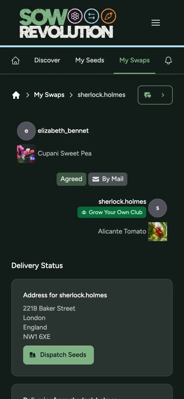 The other grower's address and the Dispatch Seeds button