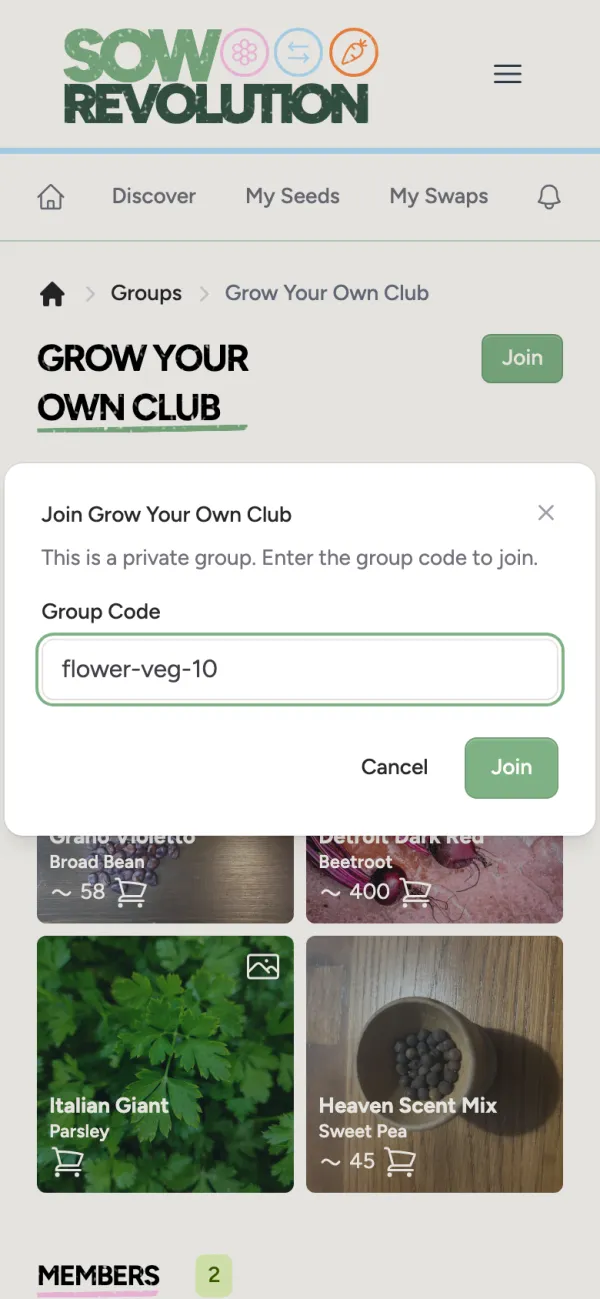 Joining a private group with a code