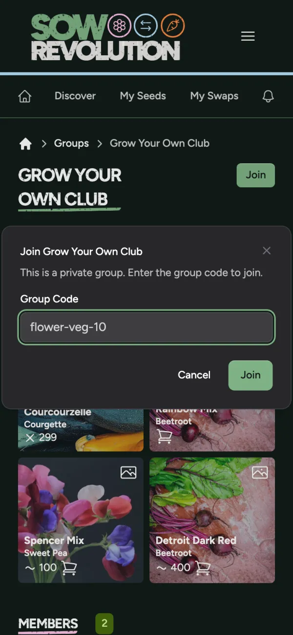 Joining a private group with a code