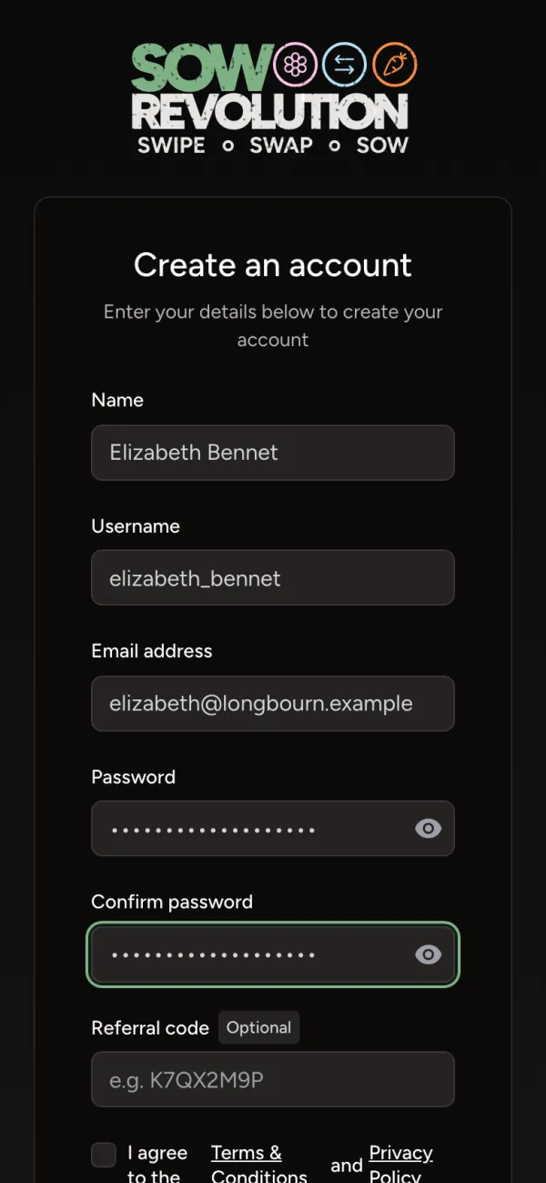 The sign up form