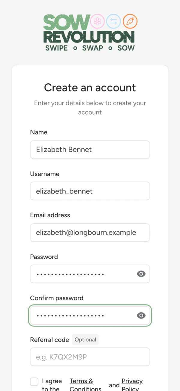 The sign up form